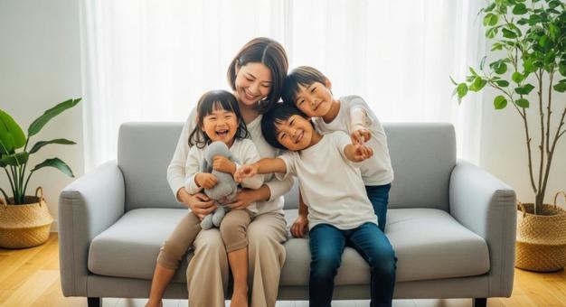 ソファで親子が笑顔で寄り添う幸せな時間 ソファで親子が笑顔で寄り添う幸せな時間の写真