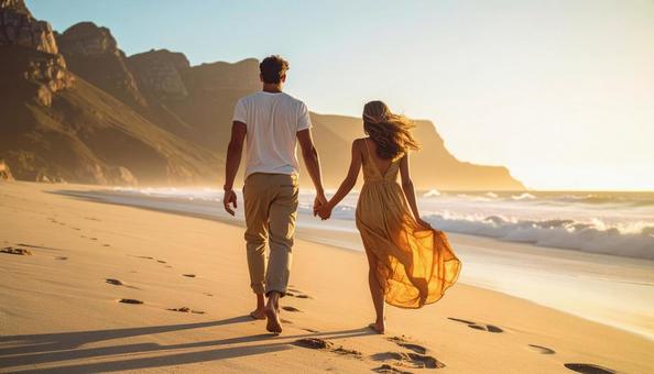 日没のビーチを散歩するカップル 日没のビーチを散歩するカップルの写真