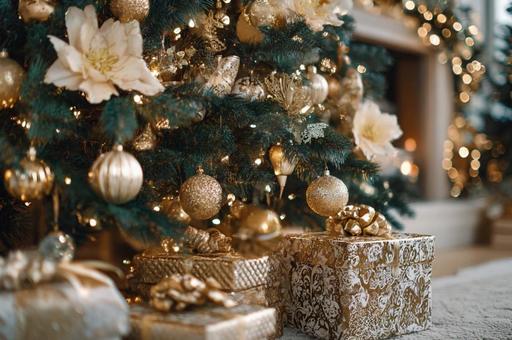 プレゼントが置いているクリスマスツリー プレゼントが置いているクリスマスツリーの写真