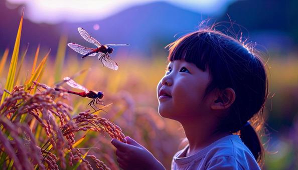 夏の終わり 稲穂の上を飛ぶ赤とんぼと子供 夏の終わり 稲穂の上を飛ぶ赤とんぼと子供の写真