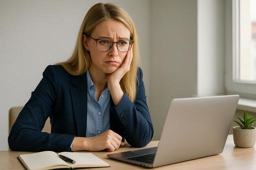 困惑する女性社員 困惑する女性社員の写真