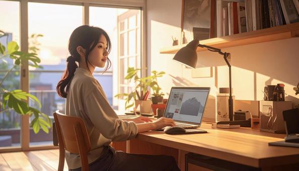 在宅ワーク中のリアルな日本人女性 在宅ワーク中のリアルな日本人女性の写真