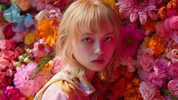 花の背景に金髪の少女の写真