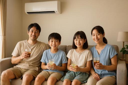 クーラーの部屋でくつろぐ家族 クーラーの部屋でくつろぐ家族の写真