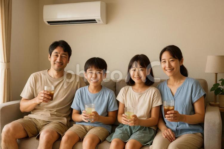クーラーの部屋でくつろぐ家族 家族,夏,日本の写真素材