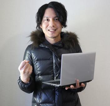 A man holding a laptop and doing a guts pose, laptop, investment, guts pose, JPG