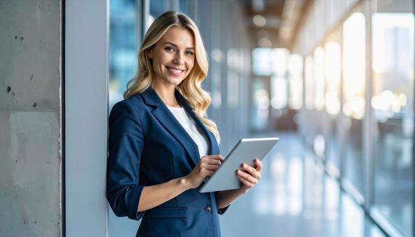 壁際に立ちタブレットを操作する外国人女性 壁際に立ちタブレットを操作する外国人女性の写真