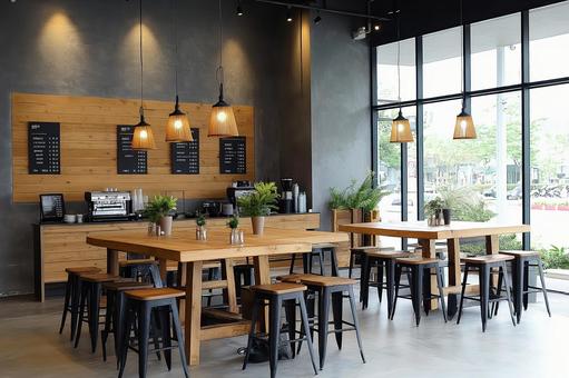 コーヒーショップ、カフェの店内インテリアの写真