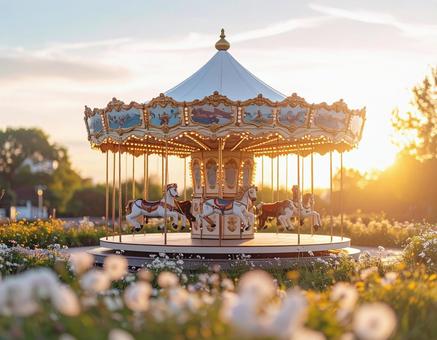 花に囲まれたメリーゴーランドの写真