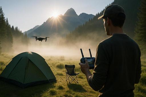 朝霧とドローンの山岳風景の写真