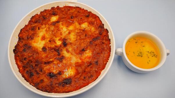 ラザニア＆かぼちゃのポタージュ・家庭料理 ラザニア,カボチャ,ポタージュの写真素材