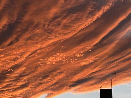 夕焼　波のような雲 夕焼け,空,たそがれの写真素材