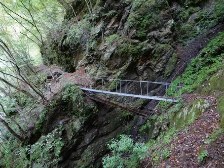 笊ヶ岳 登山道 傾いた橋 笊ヶ岳 登山道 傾いた橋の写真