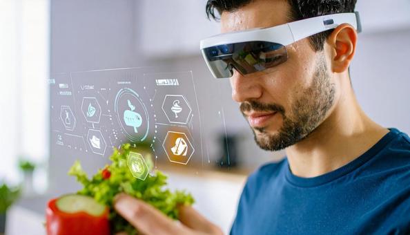 ホログラムレシピを見ながら料理する男性 ホログラムレシピを見ながら料理する男性の写真
