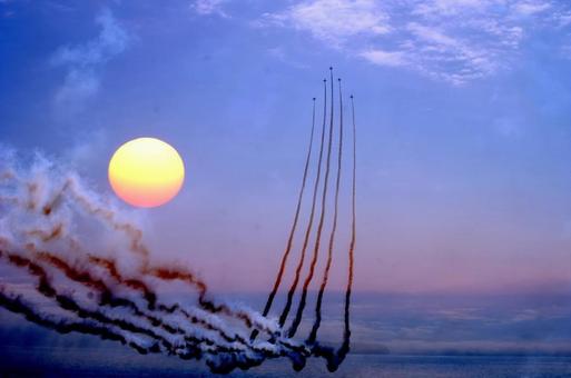 ブルーインパルスと太陽 太陽,ブルーインパルス,tー4の写真素材