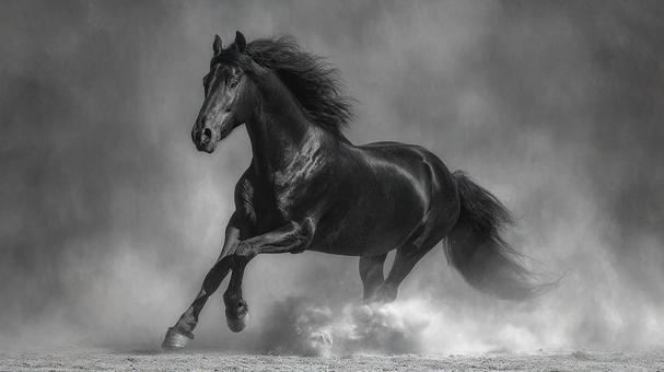 躍動感あふれる黒馬のギャロップ 躍動感あふれる黒馬のギャロップの写真