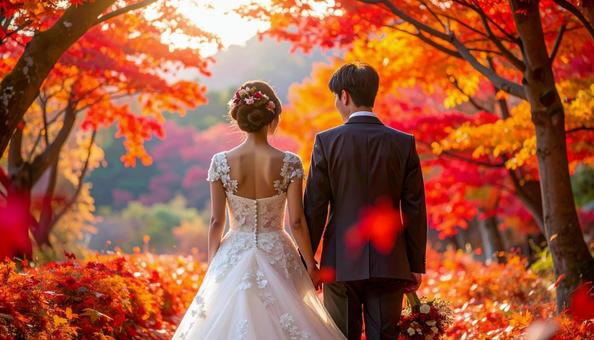 紅葉のウェデイングドレス姿の花嫁と花婿 紅葉のウェデイングドレス姿の花嫁と花婿の写真