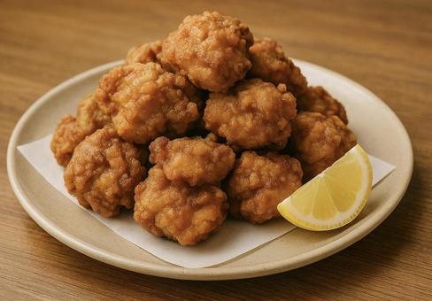 お皿に盛られた熱々の鶏の唐揚げ お皿に盛られた熱々の鶏の唐揚げの写真