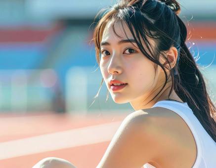 白いウェアを着た女性ランナー 白いウェアを着た女性ランナーの写真