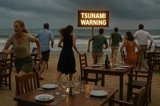 津波警告に逃げる人々の写真