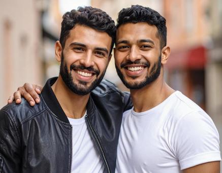 肩を組む2人の男性の写真