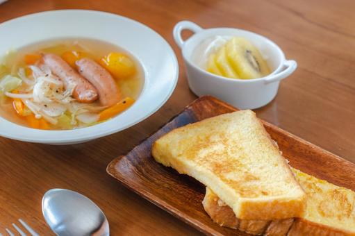 A Western-style breakfast featuring French toast and soup, JPG