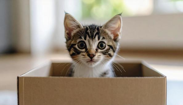 ダンボール箱から顔を出す子猫 ダンボール箱から顔を出す子猫の写真