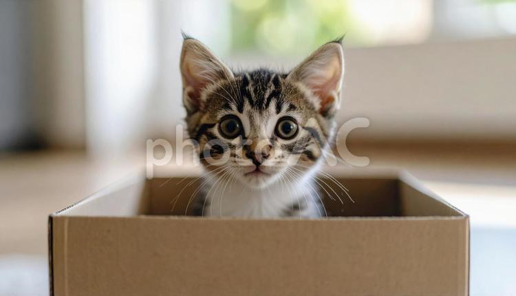ダンボール箱から顔を出す子猫 子猫,顔,カメラ目線の写真素材