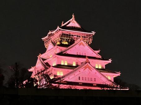 ピンク色にライトアップされた大阪城その１ 大阪城,ピンク,夜の写真素材