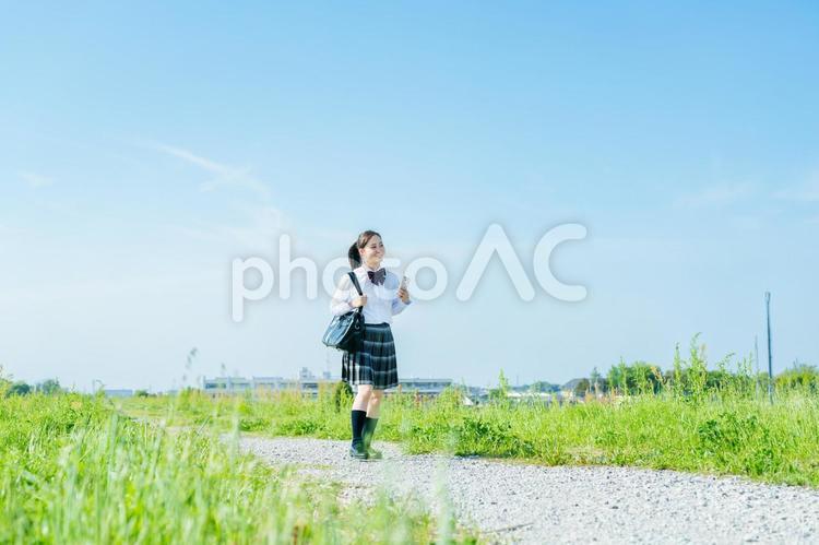 青空の下を歩く女子高校生 スマホ,高校生,笑顔の写真素材