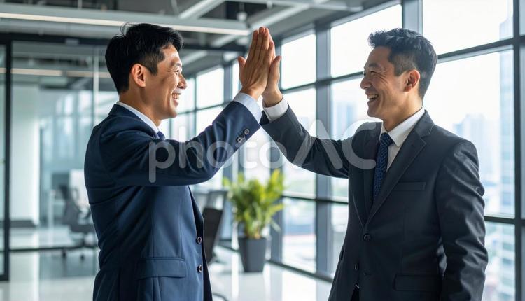ハイタッチするビジネスマン 男性,ビジネスマン,ビジネスの写真素材