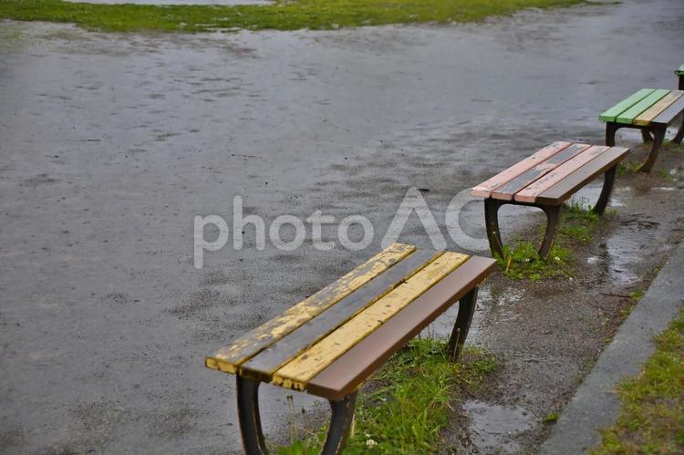 雨の日の公園のベンチ ベンチ,散策,さんぽの写真素材