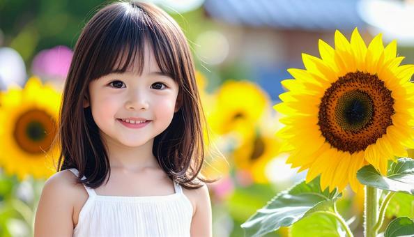 夏のヒマワリの花と少女のポートレート 夏のヒマワリの花と少女のポートレートの写真