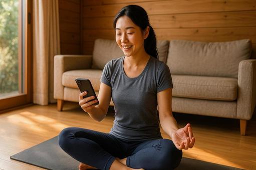 スマホでオンラインヨガを楽しむ女性 スマホでオンラインヨガを楽しむ女性の写真