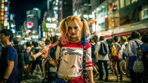 街中のハーレイクイン仮装 街中のハーレイクイン仮装の写真