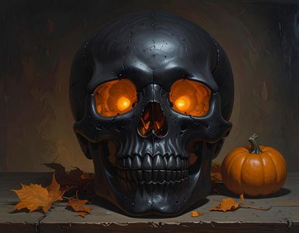 黒い頭蓋骨とハロウィンのカボチャの写真