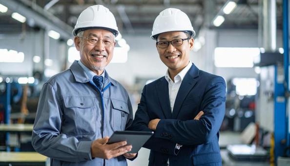 町工場で働く作業服のシニア社長と営業社員 町工場で働く作業服のシニア社長と営業社員の写真