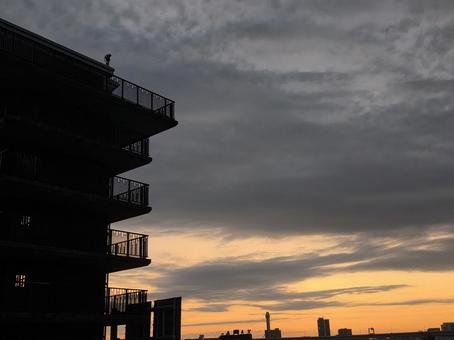 水門と朝焼け 秋,空,朝焼けの写真素材