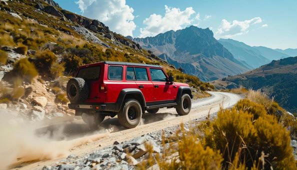 山道を走るジープ 山道を走るジープの写真