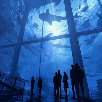 巨大水槽でジンベエザメを観賞する人々 巨大水槽でジンベエザメを観賞する人々の写真