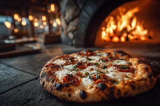 ピザと焼くかまどの写真