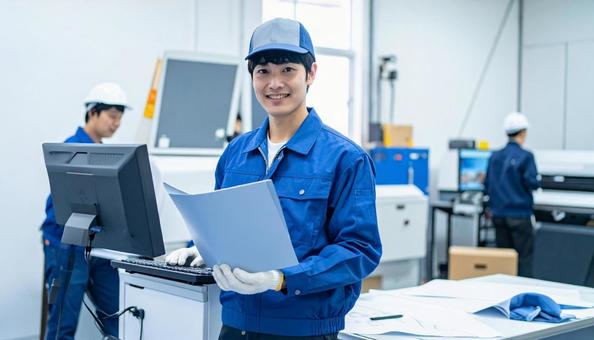 工場の三次元測定機を使う作業服の男性 工場の三次元測定機を使う作業服の男性の写真