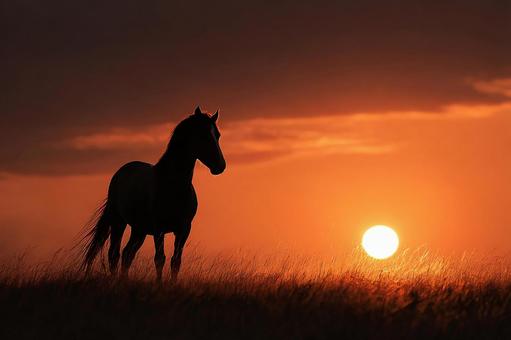 夕焼けに佇む馬のシルエット 夕焼けに佇む馬のシルエットの写真