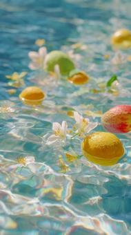柔らかな光が揺らめく水面に浮かぶ果物と花 柔らかな光が揺らめく水面に浮かぶ果物と花の写真