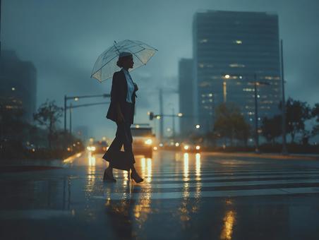 雨に濡れた街と傘をさす女性 雨に濡れた街と傘をさす女性の写真