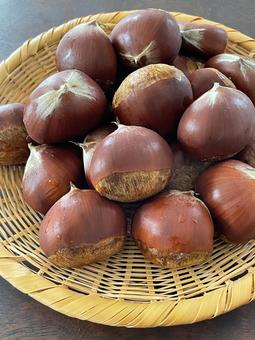 秋の味覚たっぷりざる盛りの栗_縦写真の写真