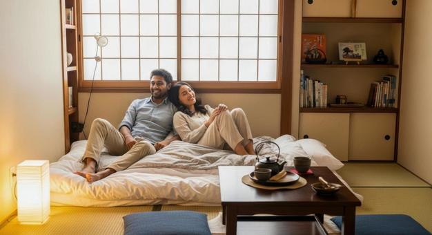 畳の部屋でくつろぐ外国人カップル 畳の部屋でくつろぐ外国人カップルの写真