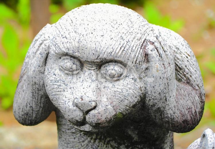 聞かざる 彫刻 石造 石像 耳を塞ぐ 見ざる聞かざる言わざる,三猿,猿の写真素材