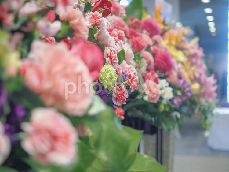 スタンド花が並ぶ会場の写真 花束,フラワーアレンジメント,花の写真素材