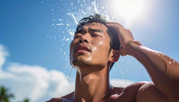 猛暑 頭から水を浴びる男性 猛暑 頭から水を浴びる男性の写真